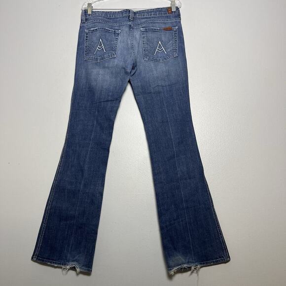 7 For All Mankind Womens A Pocket Flare Jeans Denim Sz 30 32 Low Rise USA Boho - Picture 1 of 16